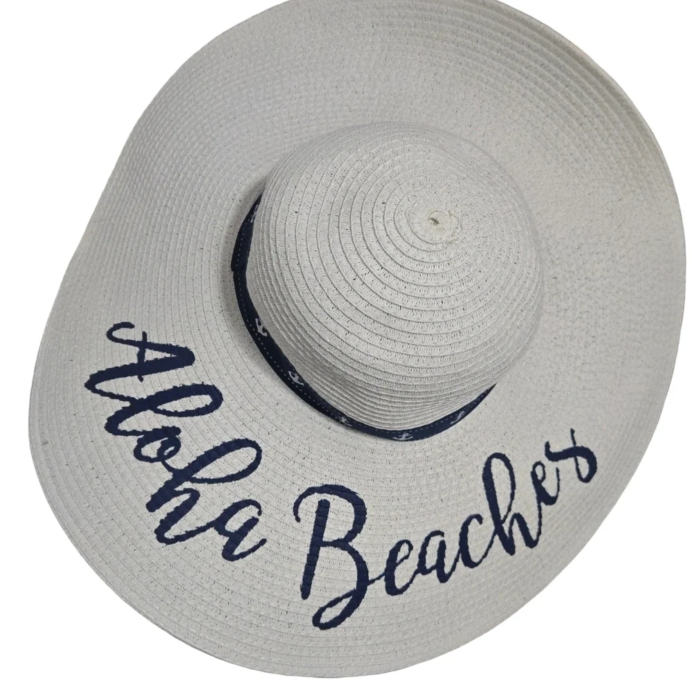 Coastalista Wide Brim Straw Sun Hat with Navy Script NWT OS